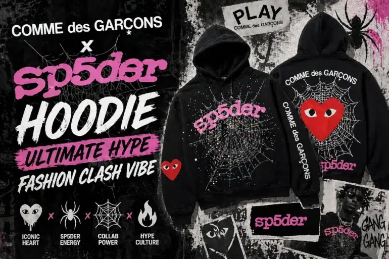 Promotional image for a collaboration hoodie by COMME des GARÇONS x sp5der. Features bold text, spider web designs, and a red heart motif on black hoodies. Phrases like 'Ultimate Hype' and 'Fashion Clash Vibe' emphasize trendiness. Symbols include an iconic heart, spider, and flames, suggesting energy and culture.
