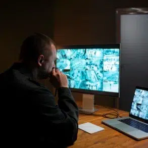 A person in a dim room monitors multiple CCTV feeds on a large screen and a laptop at a wooden desk, conveying focus and vigilance in security work.
