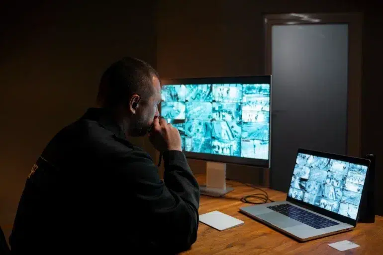 A person in a dim room monitors multiple CCTV feeds on a large screen and a laptop at a wooden desk, conveying focus and vigilance in security work.