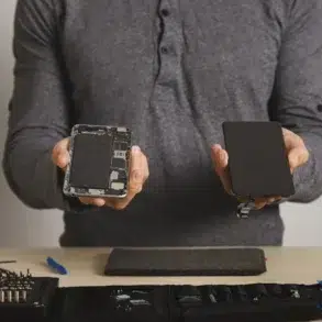 A person in a grey shirt holds a disassembled smartphone and a replacement screen, with repair tools on a table, conveying a tech repair theme.