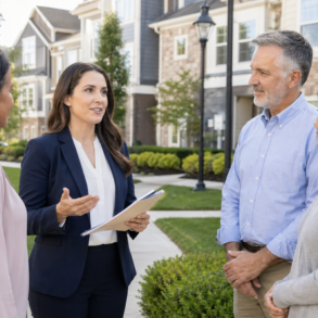Community Association Managers reviewing HOA documents with residents in a professionally managed neighborhood