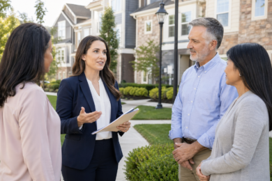 Community Association Managers reviewing HOA documents with residents in a professionally managed neighborhood
