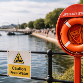 Concern for Safety Southport Marine Lake waterfront scene with promenade, open water, and visible public safety focus