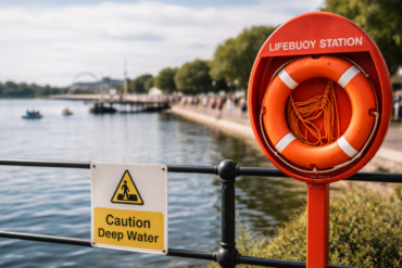 Concern for Safety Southport Marine Lake waterfront scene with promenade, open water, and visible public safety focus