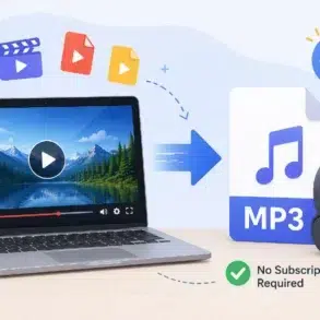 Laptop displaying a video with a play button next to icons of video files, an arrow pointing to an MP3 symbol, and headphones. Text reads "Free" and "No Subscription Required." A small plant is beside the laptop.