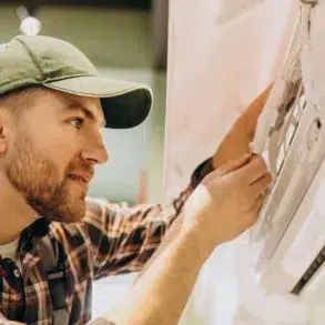 A man in a green cap and plaid shirt repairs an air conditioning unit with focus and concentration, highlighting a professional and skilled demeanor.