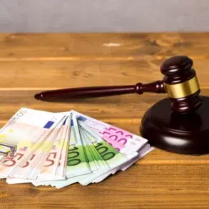 A judge's gavel rests beside a stack of Euro banknotes on a wooden table, symbolizing legal and financial matters with a serious tone.