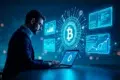 A man in a dark suit uses a laptop, surrounded by glowing holographic screens displaying Bitcoin symbols and data charts, suggesting cryptocurrency focus.