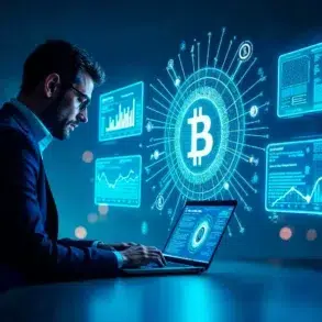 A man in a dark suit uses a laptop, surrounded by glowing holographic screens displaying Bitcoin symbols and data charts, suggesting cryptocurrency focus.