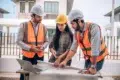 Three construction professionals in safety vests and helmets review architectural blueprints on a table. They display focus and collaboration.