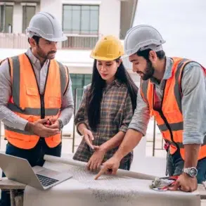 Three construction professionals in safety vests and helmets review architectural blueprints on a table. They display focus and collaboration.