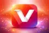 A vibrant app icon with a stylized "V" resembling film reel strips, set against a glowing orange and pink gradient background with sparkles.