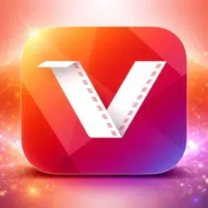 A vibrant app icon with a stylized "V" resembling film reel strips, set against a glowing orange and pink gradient background with sparkles.
