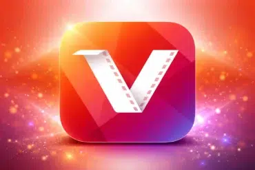 A vibrant app icon with a stylized "V" resembling film reel strips, set against a glowing orange and pink gradient background with sparkles.