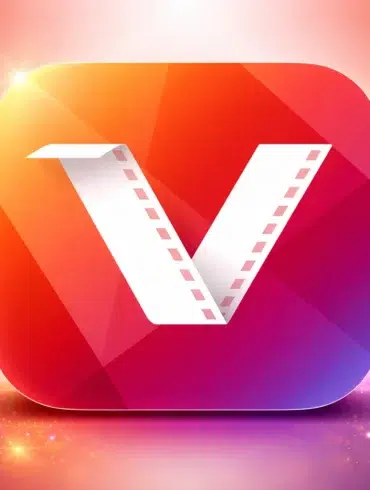 A vibrant app icon with a stylized "V" resembling film reel strips, set against a glowing orange and pink gradient background with sparkles.