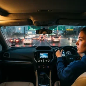 Inside a car during evening traffic, a woman drives attentively on a wet road. Dashboard lights glow as taillights illuminate the rainy scene outside.