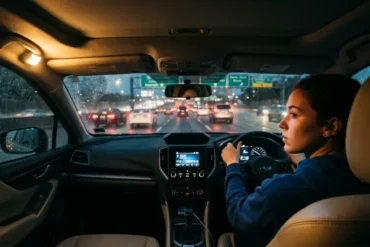 Inside a car during evening traffic, a woman drives attentively on a wet road. Dashboard lights glow as taillights illuminate the rainy scene outside.