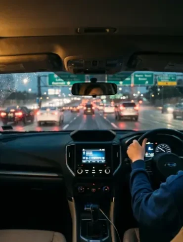 Inside a car during evening traffic, a woman drives attentively on a wet road. Dashboard lights glow as taillights illuminate the rainy scene outside.