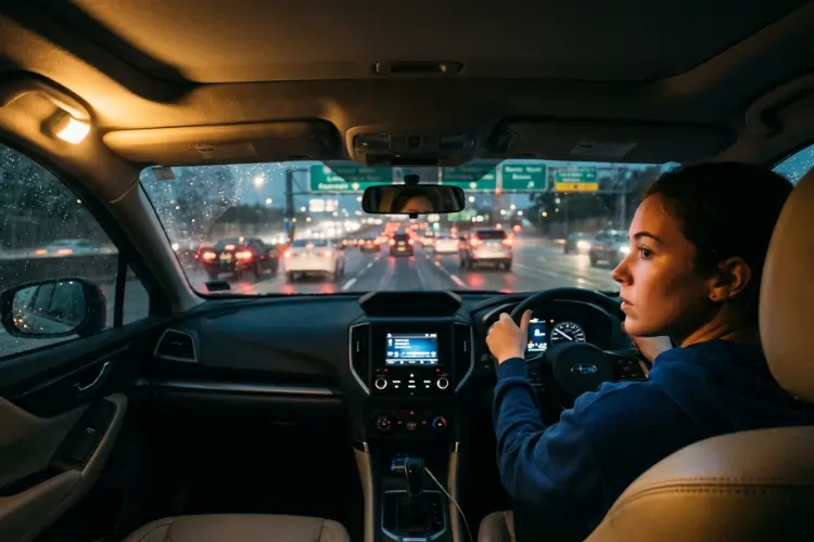 Inside a car during evening traffic, a woman drives attentively on a wet road. Dashboard lights glow as taillights illuminate the rainy scene outside.