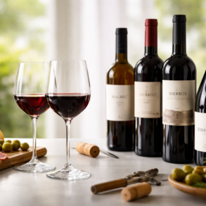 Dry Red Wines displayed in affordable and premium bottle selections on a dining table