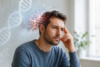 Early Onset Stroke Genetics concept showing younger adult brain and vascular risk assessment