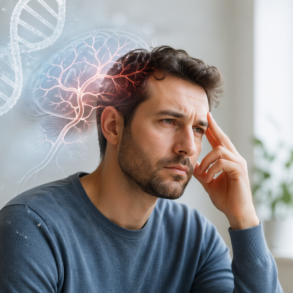 Early Onset Stroke Genetics concept showing younger adult brain and vascular risk assessment