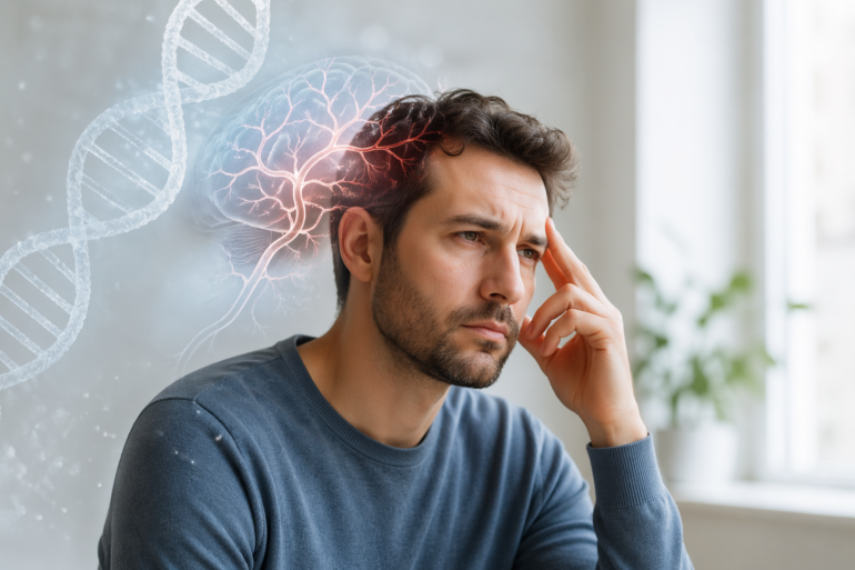Early Onset Stroke Genetics concept showing younger adult brain and vascular risk assessment