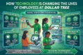 How Technology is Changing the Lives of Employees at Dollar Tree," featuring diverse staff using digital tools to enhance efficiency, workflow, and training. Keywords like "Improved Efficiency," "Better Workflow," and "Enhanced Training" highlight benefits like faster processing and online learning. The tone is optimistic, showcasing a modern, tech-driven retail environment.