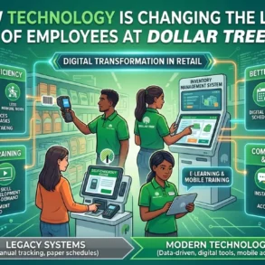 How Technology is Changing the Lives of Employees at Dollar Tree," featuring diverse staff using digital tools to enhance efficiency, workflow, and training. Keywords like "Improved Efficiency," "Better Workflow," and "Enhanced Training" highlight benefits like faster processing and online learning. The tone is optimistic, showcasing a modern, tech-driven retail environment.