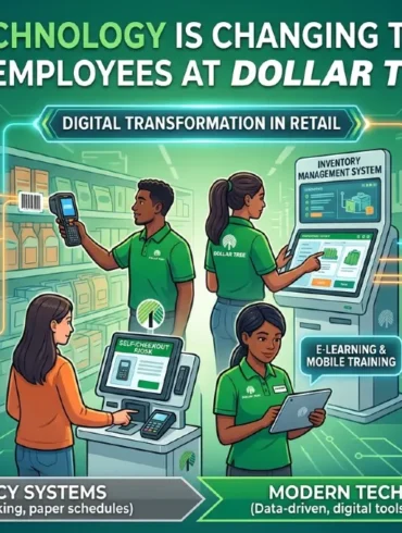 How Technology is Changing the Lives of Employees at Dollar Tree," featuring diverse staff using digital tools to enhance efficiency, workflow, and training. Keywords like "Improved Efficiency," "Better Workflow," and "Enhanced Training" highlight benefits like faster processing and online learning. The tone is optimistic, showcasing a modern, tech-driven retail environment.