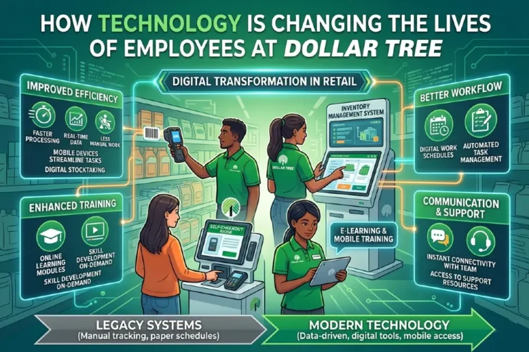 How Technology is Changing the Lives of Employees at Dollar Tree," featuring diverse staff using digital tools to enhance efficiency, workflow, and training. Keywords like "Improved Efficiency," "Better Workflow," and "Enhanced Training" highlight benefits like faster processing and online learning. The tone is optimistic, showcasing a modern, tech-driven retail environment.