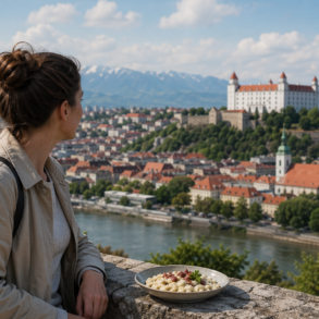 Scenic travel view En Slovakia with Bratislava streets, mountain landscapes, and traditional Slovak food