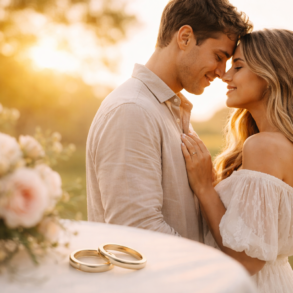 Engagement Photos of a couple sharing natural, romantic moments during a golden hour outdoor session
