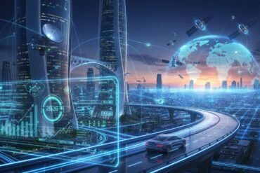 Futuristic cityscape at sunset, with glowing data overlays, satellites, and a sleek car on an elevated highway. The atmosphere is high-tech and innovative.