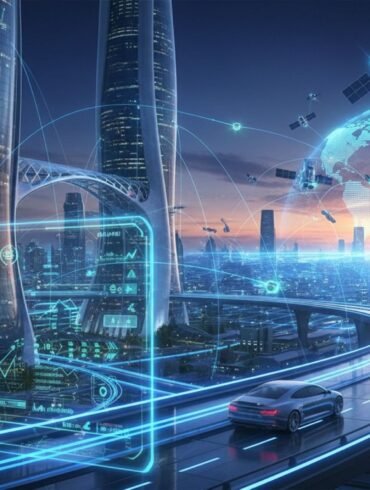 Futuristic cityscape at sunset, with glowing data overlays, satellites, and a sleek car on an elevated highway. The atmosphere is high-tech and innovative.