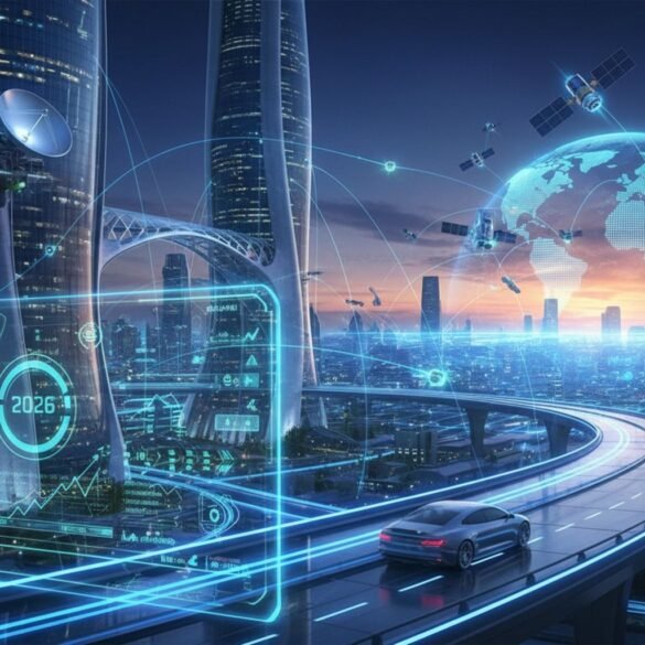 Futuristic cityscape at sunset, with glowing data overlays, satellites, and a sleek car on an elevated highway. The atmosphere is high-tech and innovative.