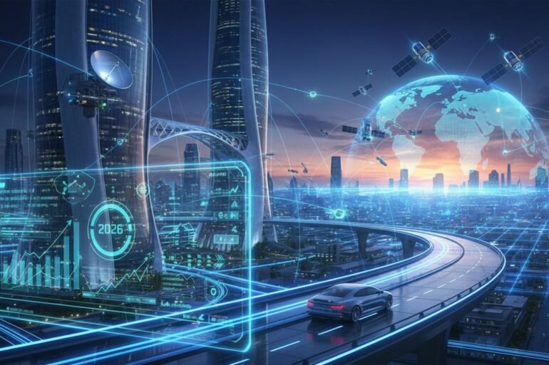 Futuristic cityscape at sunset, with glowing data overlays, satellites, and a sleek car on an elevated highway. The atmosphere is high-tech and innovative.