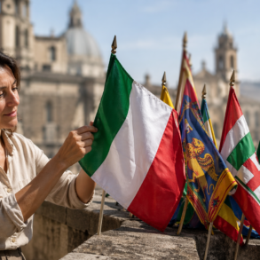 Flags From Italy featuring the Italian tricolor and regional symbols displayed in a historic cultural setting