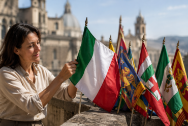 Flags From Italy featuring the Italian tricolor and regional symbols displayed in a historic cultural setting