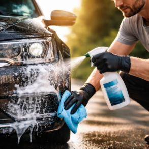 Flash Car Cleaner removing dirt and road grime from a modern car exterior