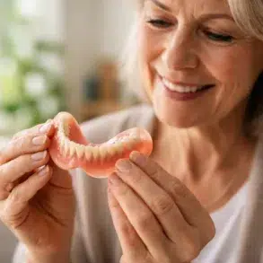 Flexible Dentures resting beside a dental model showing partial tooth replacement