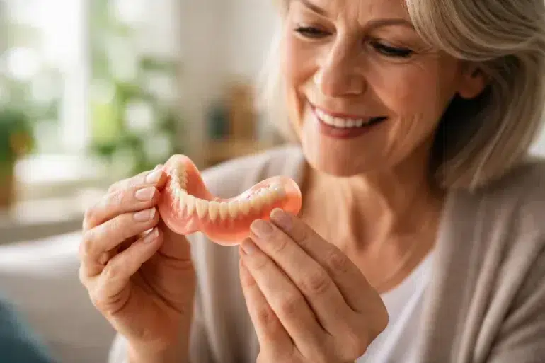 Flexible Dentures resting beside a dental model showing partial tooth replacement