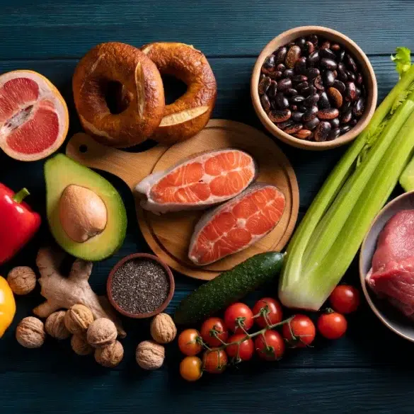 A variety of fresh foods: salmon, steak, colorful bell peppers, tomatoes, celery, grapefruit, avocados, beans, walnuts, bagels, cucumber, chia seeds, and ginger against a dark blue wooden background.
