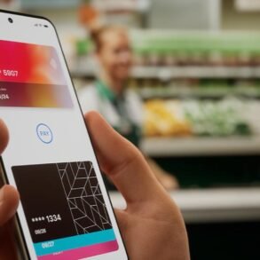 Person holding smartphone with digital wallet app displaying two credit cards in a grocery store checkout setting.