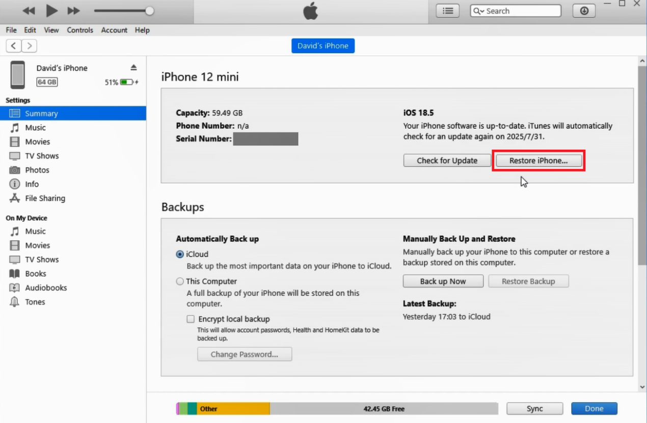 iTunes interface showing an iPhone 12 mini summary. Buttons for "Check for Update" and highlighted "Restore iPhone." Backup options visible.