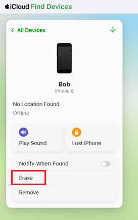iCloud Find Devices screen showing an iPhone 8 labeled 'Bob' as offline. Options include 'Play Sound,' 'Lost iPhone,' 'Erase,' and 'Remove.'