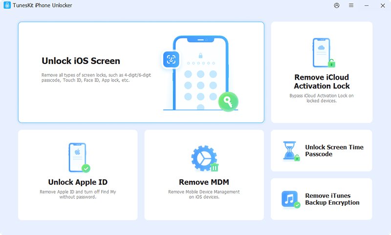 TunesKit Phone Unlocker interface displaying options like 'Unlock iOS Screen,' 'Remove iCloud Activation Lock,' 'Unlock Apple ID,' 'Remove MDM,' 'Unlock Screen Time Passcode,' and 'Remove iTunes Backup Encryption.' Each option has a related icon, such as a lock, phone, or hourglass, and uses a blue and white color scheme.