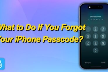 Image of a phone displaying a lock screen with a numeric keypad for passcode entry. Text in yellow reads, "What to Do If You Forgot Your iPhone Passcode?" A blue lock icon is in the corner. The background is a gradient of blue and purple.