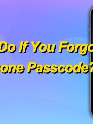 Image of a phone displaying a lock screen with a numeric keypad for passcode entry. Text in yellow reads, "What to Do If You Forgot Your iPhone Passcode?" A blue lock icon is in the corner. The background is a gradient of blue and purple.