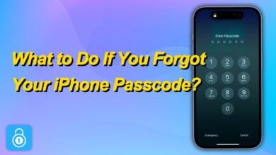 Image of a phone displaying a lock screen with a numeric keypad for passcode entry. Text in yellow reads, "What to Do If You Forgot Your iPhone Passcode?" A blue lock icon is in the corner. The background is a gradient of blue and purple.
